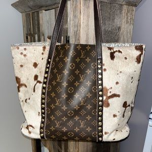 Repurposed Tote with cow hide